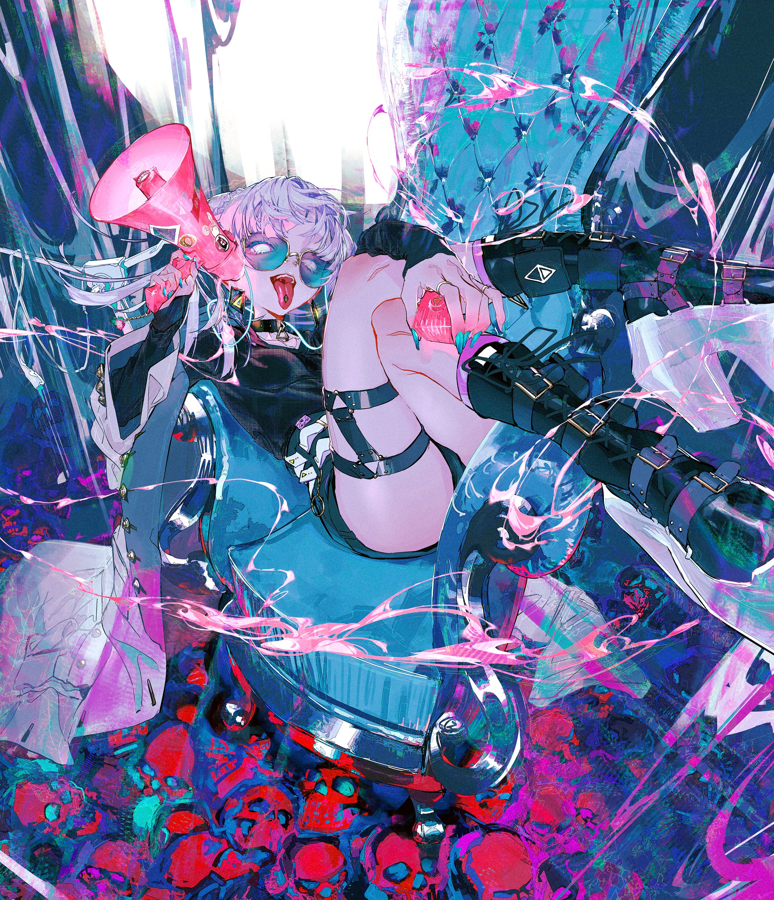 a digital art piece of an anime girl with blonde hair and a white jacket, holding a microphone while sitting on a futuristic, blue and purple colored vehicle. the background is filled with abstract grunge designs, skulls, and more futuristic elements.  the girl's  expression is full of confidence and power, and her stance is bold and daring.  she has white and blue sunglasses and black headphones on. the colors and textures of the artwork give off a  scifi/ cyberpunk vibe.