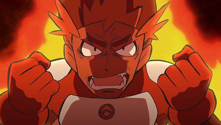 this is a cartoon image of an anime hero. he has bright red hair that is spiky and almost resembles flames. the character is wearing a red and orange suit with a golden symbol. he has a determined look on his face as he is clenched his fists, with his teeth bared. he looks like he's ready to fight. the background is a blur of orange and yellow, which could be fire.