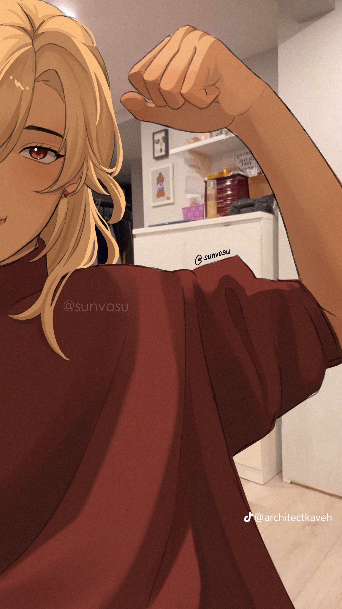 a cartoon drawing of a blondhaired male flexing his fist. he is wearing a red shirt. he is indoors.