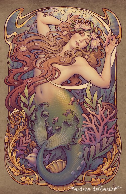 an art nouveau illustration of a mermaid is depicted in a stylized, decorative composition. the mermaid is portrayed with long, flowing red hair adorned with flowers, and she's holding a starfish. her skin is fair, and her eyes are closed, giving her a serene and dreamy appearance. her tail is a blend of green and blue scales, surrounded by various aquatic elements such as coral, seaweed, and small fish. the background features swirling patterns reminiscent of the art nouveau style, and the entire image is framed with golden decorative elements. the piece has a vintage, fairytalelike quality to it.