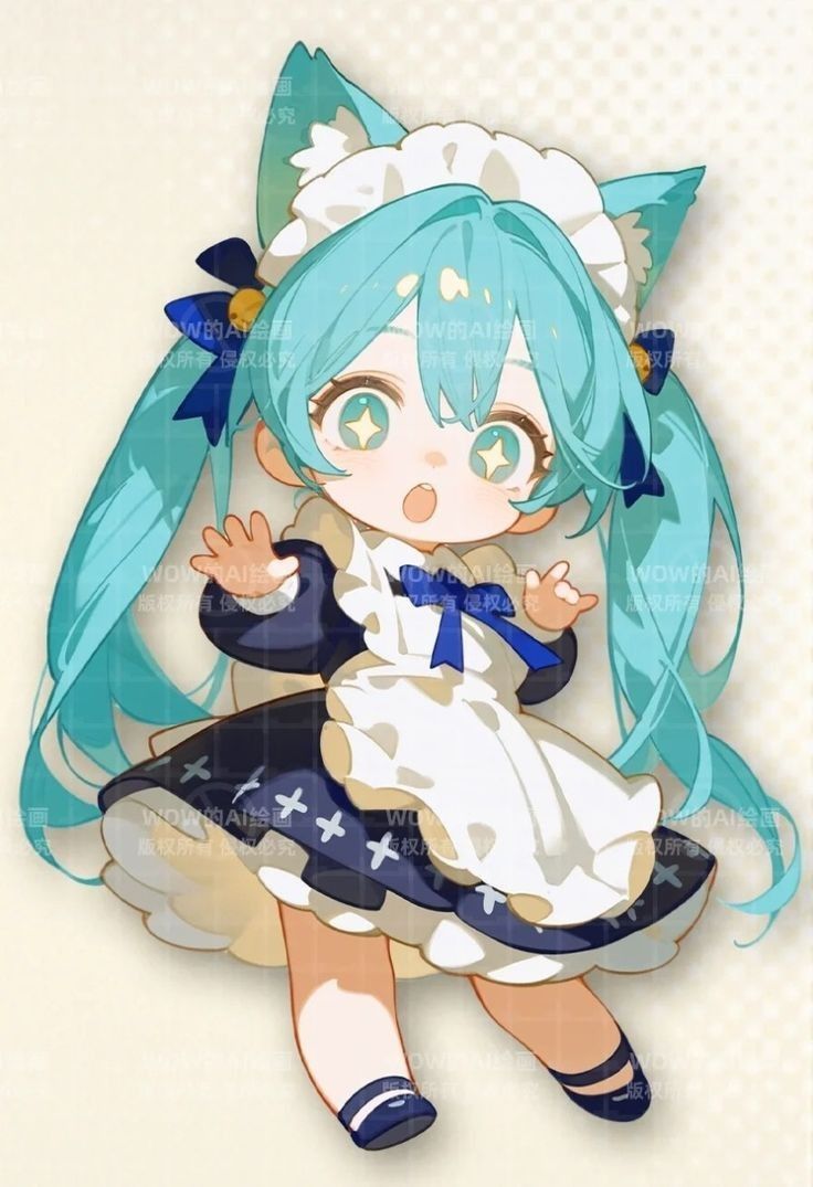 he image features a cute chibistyle anime girl dressed as a maid. she has long, bright teal twintails, cat ears, and a surprised, happy expression. her maid outfit is white and dark blue with crosses as a pattern. the art style is soft, pastellike, and resembles a watercolor painting.  the background is a subtle offwhite with a hint of texture.  the overall feeling is very kawaii and charming.