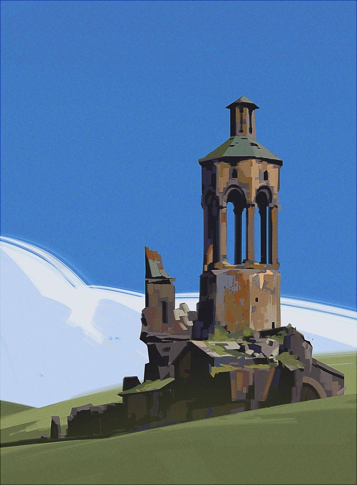 the image showcases the weathered ruins of an ancient, possibly religious, building set against a serene backdrop of a blue sky, a snowcapped mountain, and a verdant field. the building, constructed with brown and tan stone, stands as a testament to time's passage, with its crumbling walls and a lone tower reaching for the sky. the bright daylight illuminates the scene, casting shadows that emphasize the structure's threedimensionality.  the overall atmosphere evokes a sense of history, tranquility, and the enduring power of nature.
