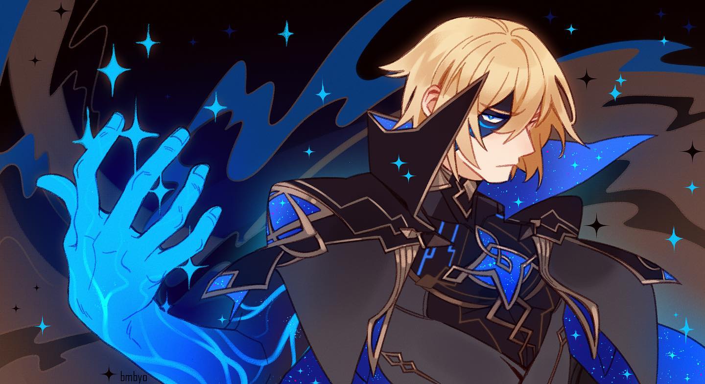 he image is a digital fanart depicting a male character, possibly scaramouche from genshin impact. he has blond hair and blue eyes partially obscured by a dark mask. he's wearing a darkcolored outfit with blue accents and a cape, adorned with stars and a glowing effect.  his pose is dynamic, with one hand outstretched, displaying glowing blue energy. the background is dark with swirling blue patterns and scattered stars. the overall style is animeinspired with vibrant colors and detailed clothing.  the artist's signature "bmbyo" is subtly placed in the lower left corner.
