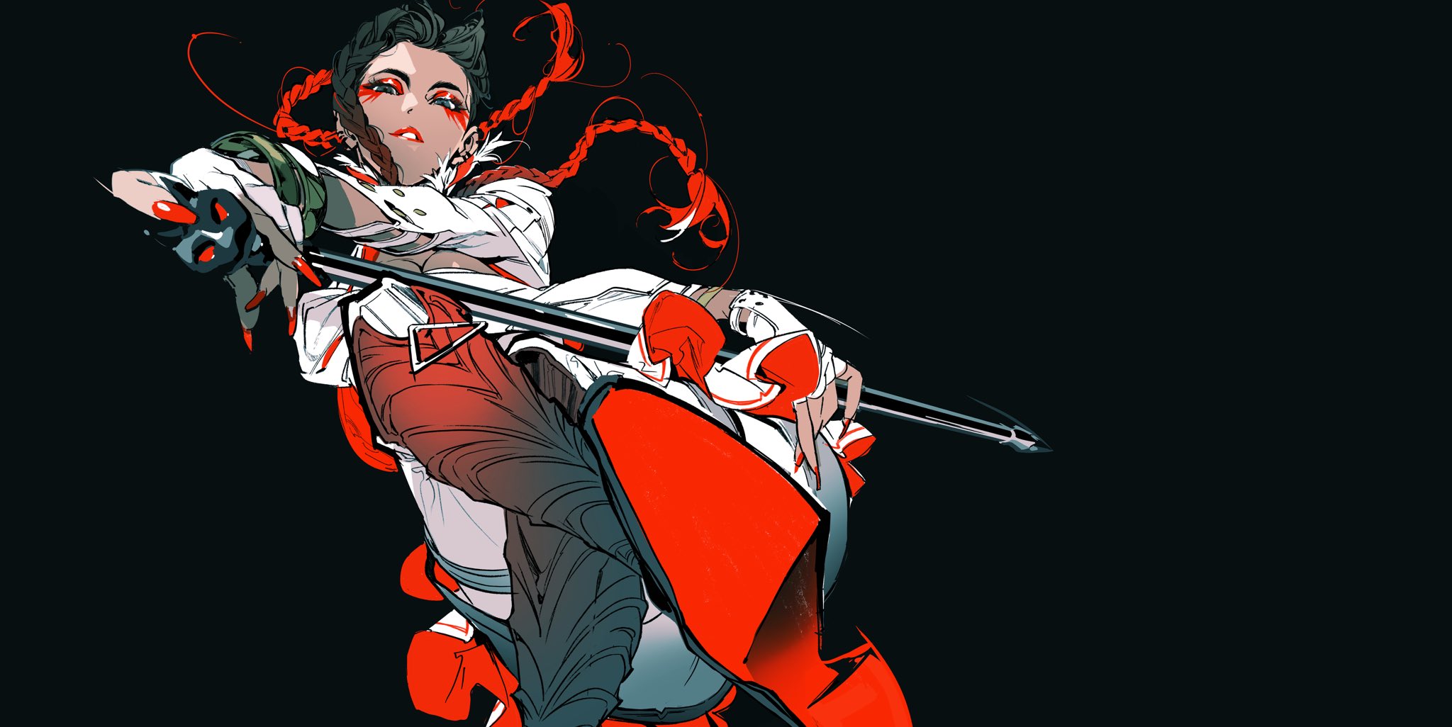 a digital illustration of a female anime character in a red and white outfit, wielding a sword. she is standing in a dynamic pose, with her hair flying behind her. the background is black.