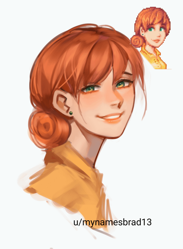 the image is a piece of digital fanart depicting haley from the video game stardew valley.  the artwork is a stylized, realistic rendering of haley.  her hair is a vibrant orangered, styled in a bun. she's wearing a yellow shirt.  in the upper right corner, a small pixel art version of haley from the game is included for comparison. the artist's reddit username, u/mynamesbrad13, is visible at the bottom.  the painting style is smooth and painterly, contrasting nicely with the crisp, blocky pixel art of the game's character sprite.  the overall mood is cheerful and light.