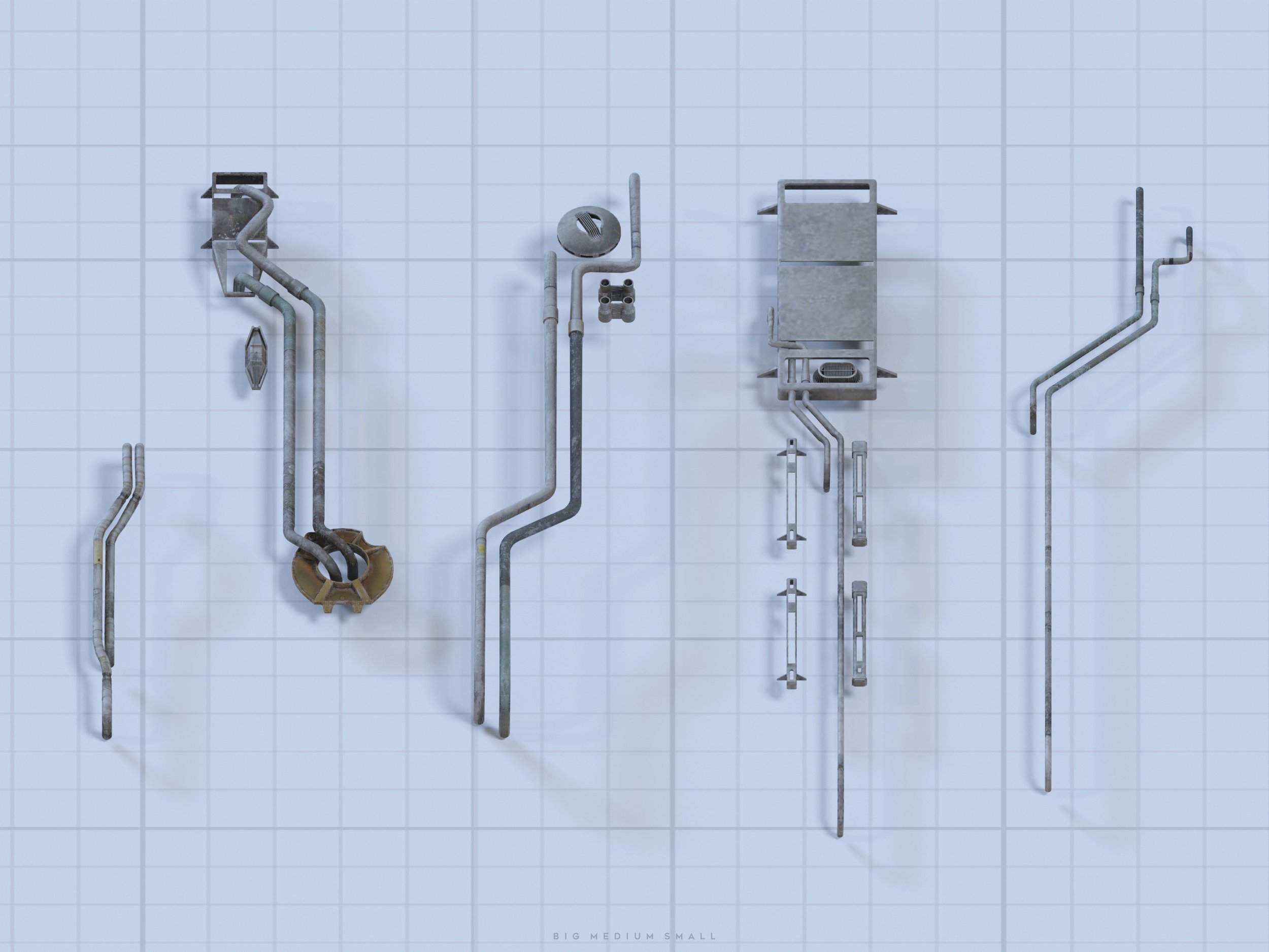 the image is a stylized overhead view of various industrial piping components arranged on a grid background. the pipes are metallic and appear aged or worn.  several smaller mechanical parts are also included in the arrangement. the components are categorized into three sizes (big, medium, small) as indicated by a small label at the bottom. the overall aesthetic is minimalist and technical, resembling a blueprint or diagram.