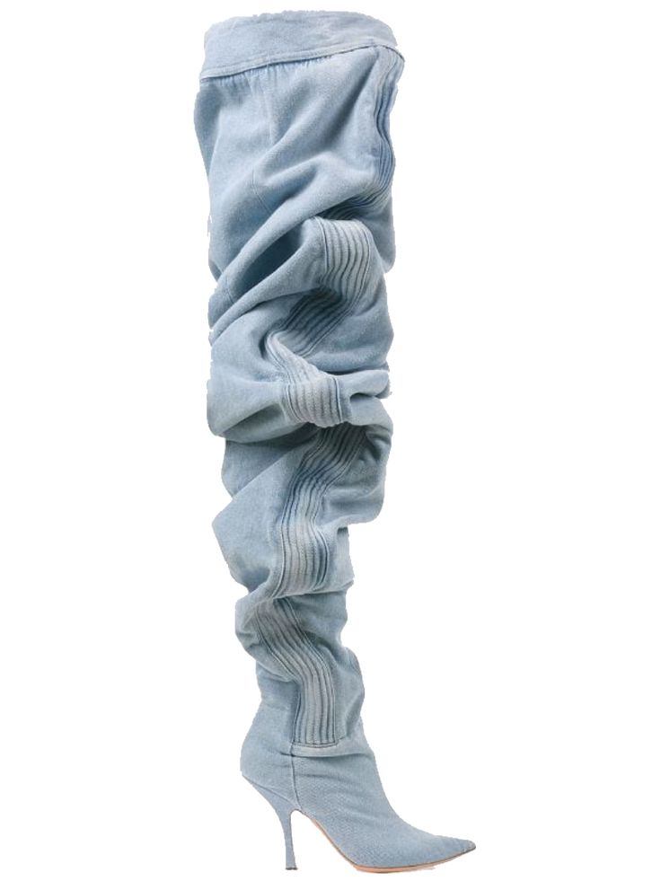 a single denim thighhigh scrunch boot with a stiletto heel is isolated on a white background.