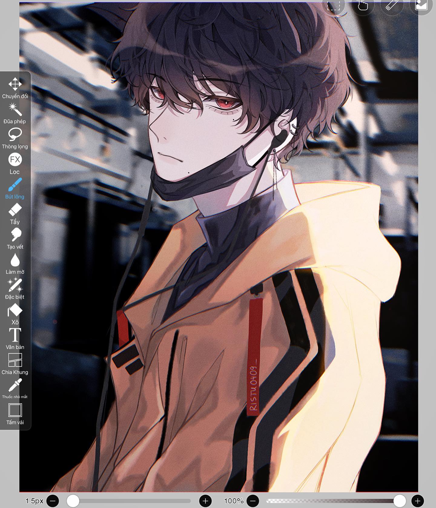 the image is a digital drawing of an animestyle boy. he has black hair, red eyes, and is wearing a beige jacket with black stripes and a mask. he appears to be listening to music with earphones. the art style is very clean and polished, with soft shading and a focus on the character's expressive features.  the background is blurred and out of focus, emphasizing the figure in the foreground. a tool bar is partially visible on the left side of the image, suggesting the image is being digitally edited.  a tag is visible on the jacket sleeve that says "ristu 0409".