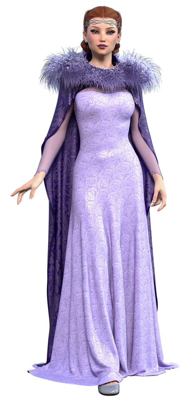 a digital art rendering of a woman in a long purple gown and cape with a fur collar. she has red hair and is wearing a headdress and jewelry. she is posed with her hands out.