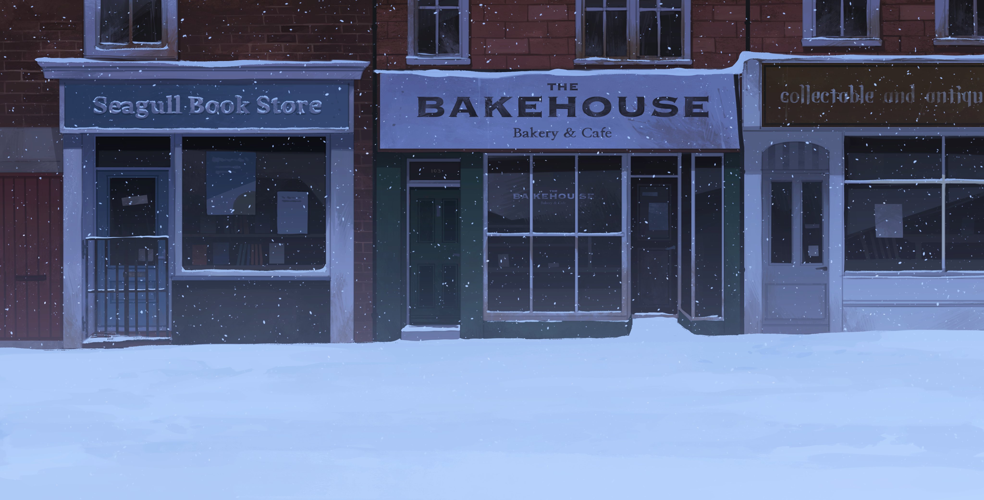 a digital painting depicting a snowcovered street with three shops. the shops are a bookstore ("seagull book store"), a bakery and cafe ("the bakehouse"), and an antique shop ("collectible and antique").  the scene is quiet and peaceful, with falling snow creating a calm winter atmosphere. the buildings are brick, and the snow covers the ground and parts of the shop fronts.  the style is reminiscent of illustration or concept art.