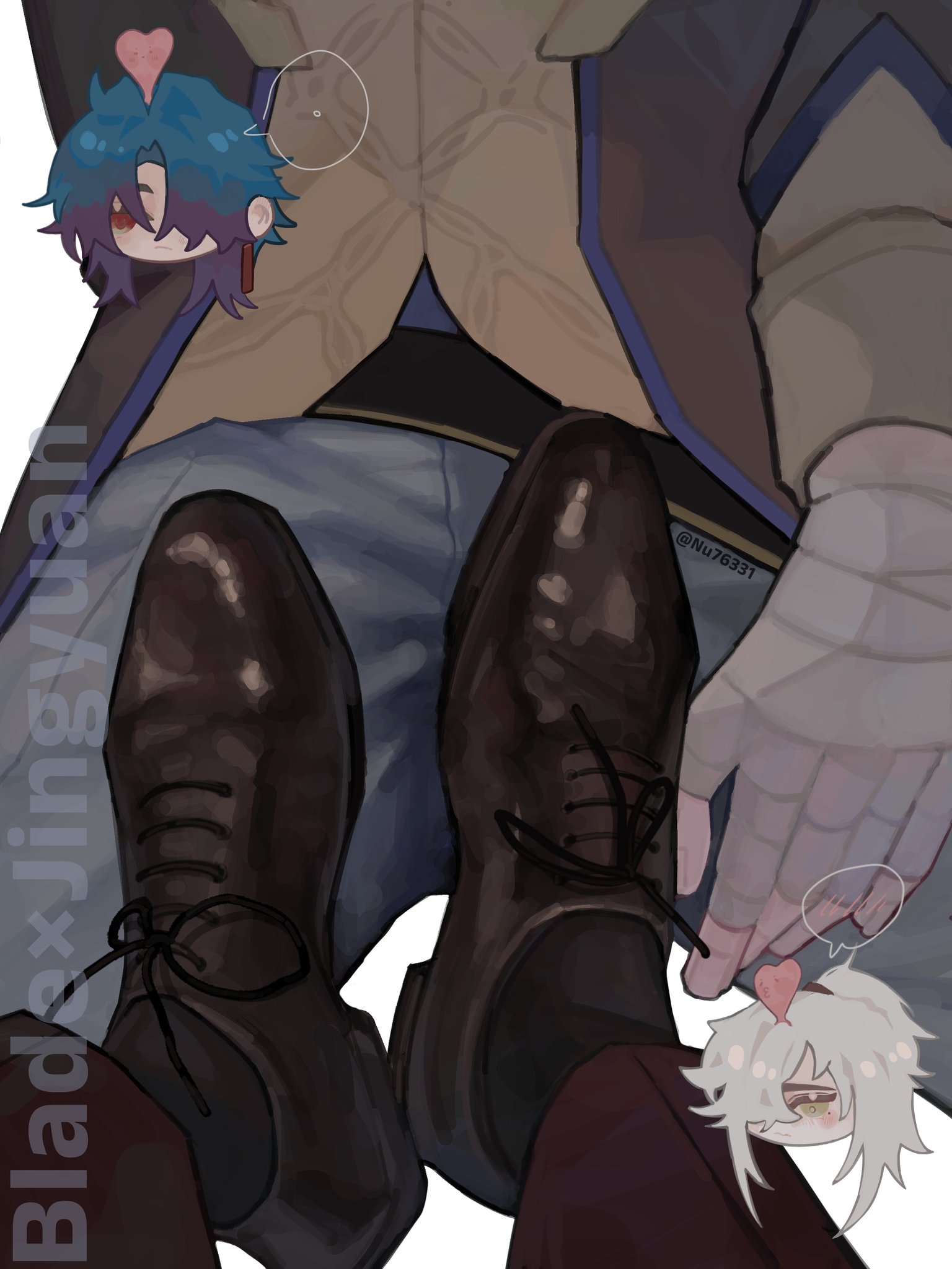 an anime illustration of two people sitting cross legged, their legs are close together and they are holding hands. the scene is set in a romantic context with hearts around them. the drawing is done digitally and is very stylized.