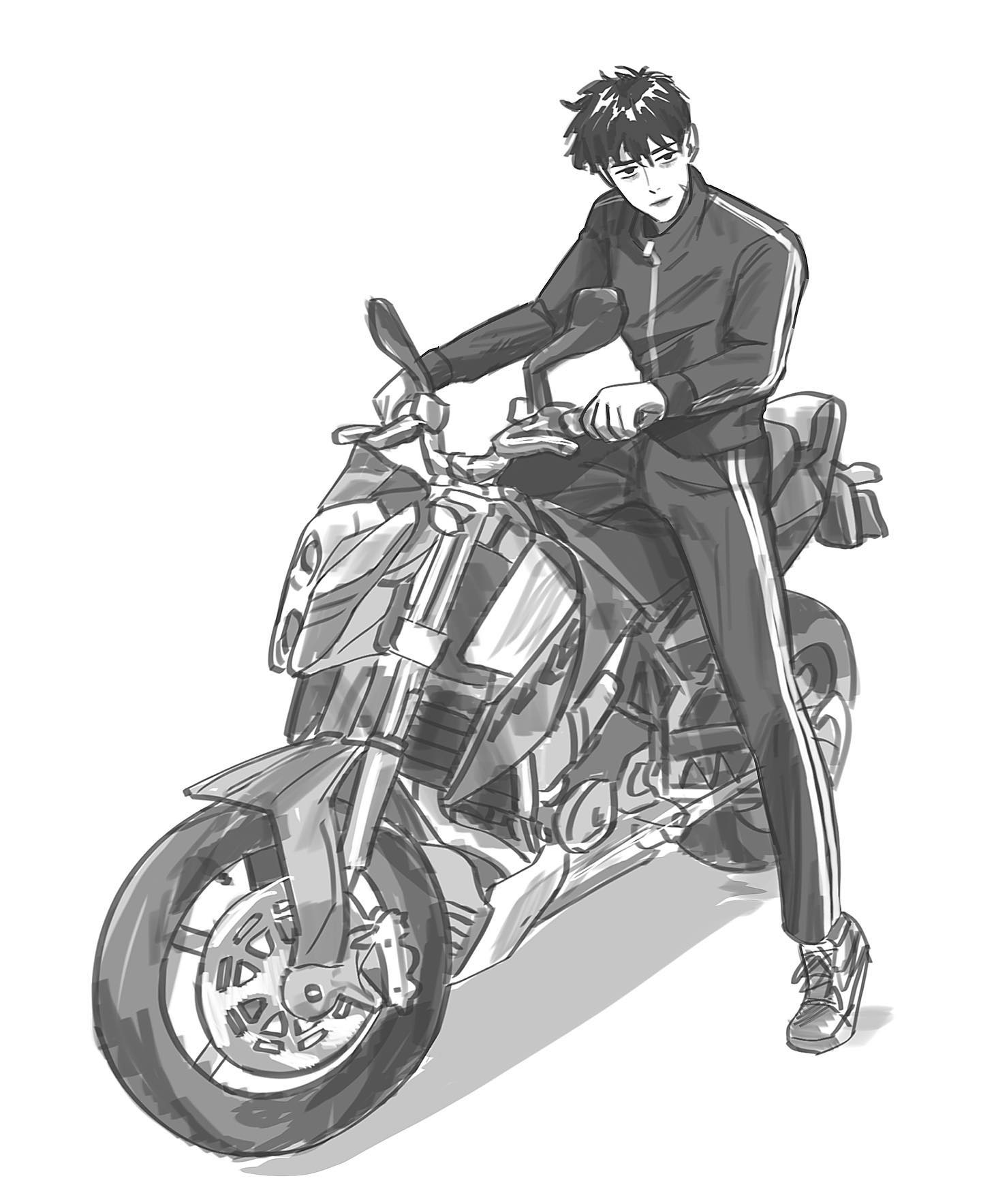 a black and white sketch of a man standing beside his motorcycle. the motorcycle is a sportbike with a large front wheel and a small rear wheel. the man is wearing a tracksuit and sneakers. he has short black hair and is looking at the viewer.