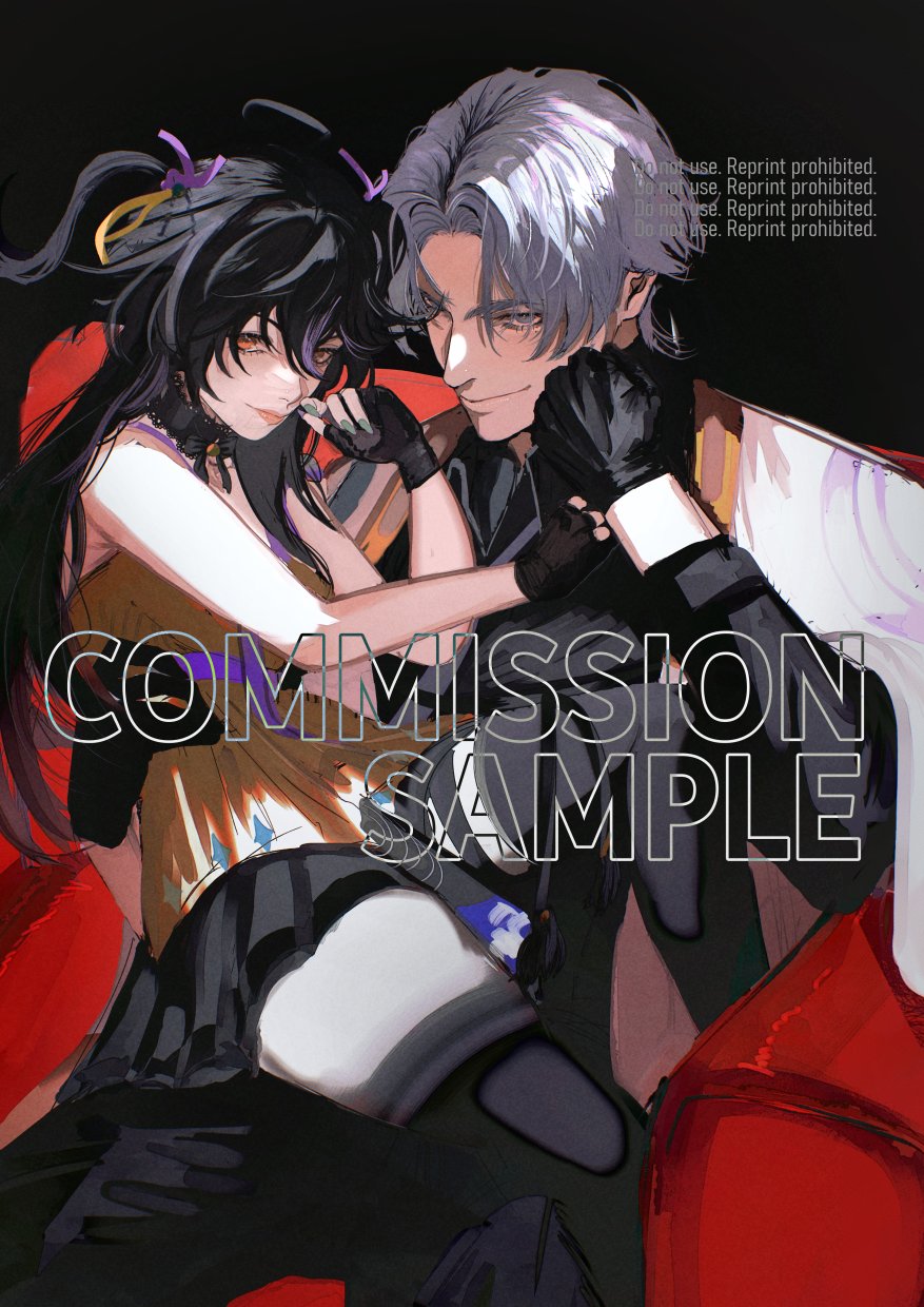 a digital painting of an anime couple, the girl is wearing a long black dress and the boy is wearing a white shirt and black pants, they are sitting on a red sofa, holding hands, both are looking at each other with love and affection. the painting is done in a realistic style, with soft lighting and shadows that create a romantic atmosphere. the background is a blurred image of a city street, creating a sense of depth and perspective. the painting is a beautiful representation of love and affection.  the word "commission sample" is written in large letters across the front of the image.