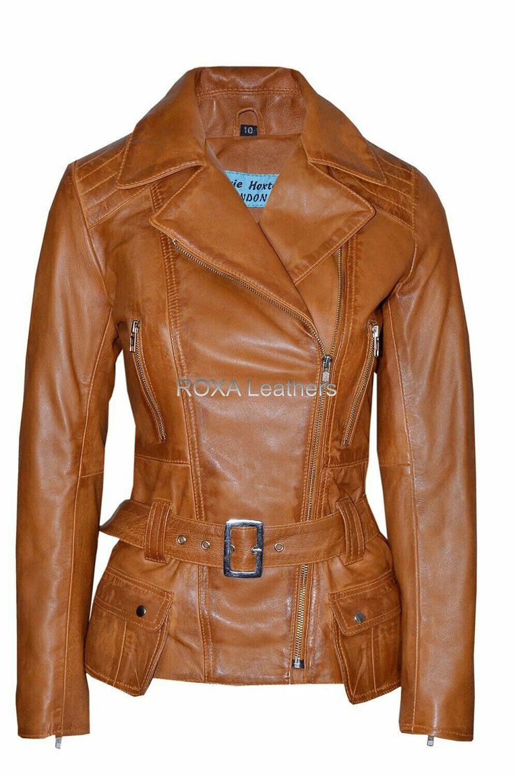 a closeup of a brown leather jacket with a zipper, belt, and pockets. the jacket is designed for women and has a biker style.