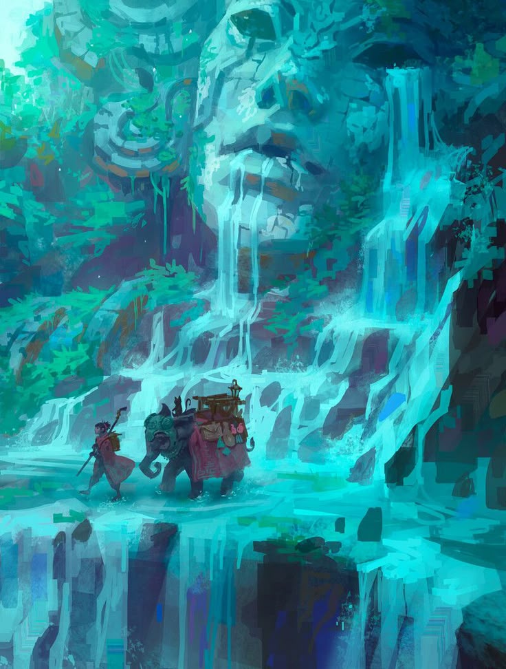 a fantasy painting depicts a person and an elephant trekking through a vibrant turquoise jungle, beneath a waterfall cascading from a giant, weathered stone face. the elephant carries a pack and the person carries a staff, suggesting a journey or adventure amidst the ancient ruins and lush greenery.