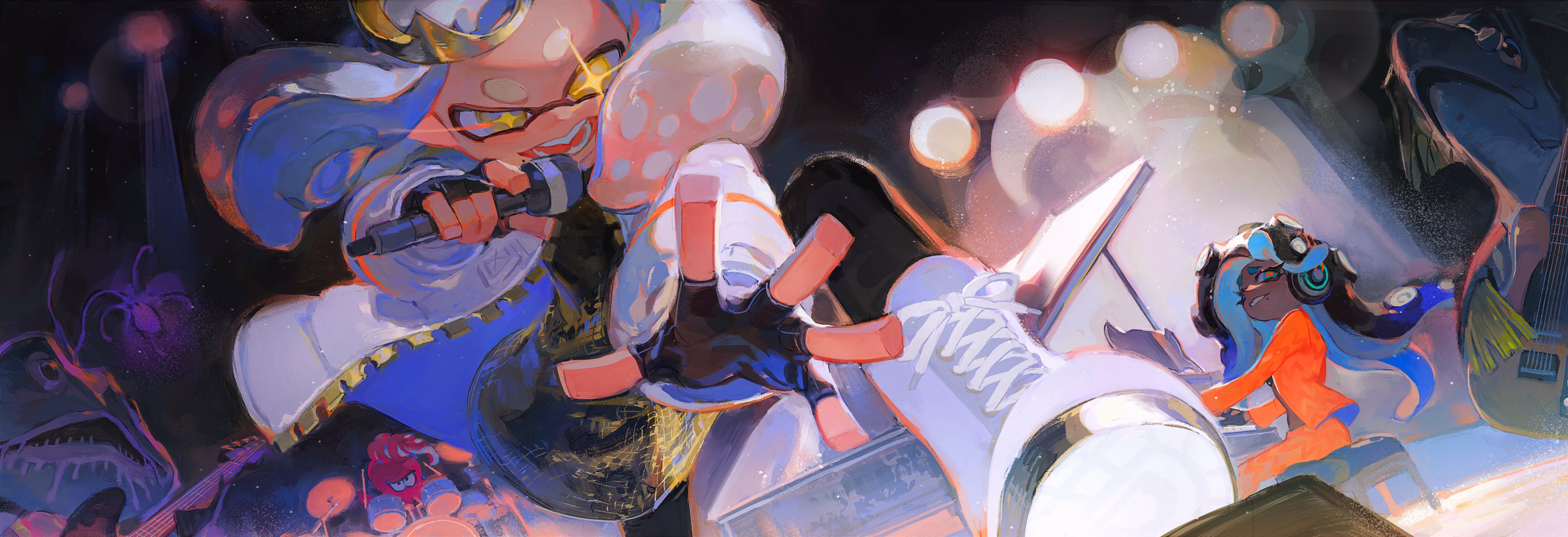 the image depicts a vibrant concert scene featuring marie from the squid sisters, a popular fictional band from the splatoon video game series. she is positioned center stage, energetically singing into a microphone while wearing her signature white and blue performance outfit. the foreground highlights her dynamic pose and the energy of her performance. the background showcases a blurred crowd of excited fans and band members, suggesting a lively and engaging concert atmosphere. the lighting is dramatic, utilizing spotlights and stage lights to emphasize marie and create a sense of excitement and spectacle. the low angle perspective adds to the dynamism of the scene, making marie appear larger than life and emphasizing the energy of the concert.