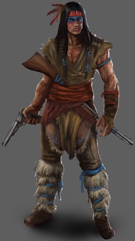 the image is a digital painting or illustration depicting a native american warrior. he is a strong, muscular man with brown skin, wearing traditional clothing that includes a fringed tunic, orange sash, fur leg coverings bound with blue cords, and a feathered headdress.  he's painted with blue war paint on his face. he's armed with both a rifle slung across his back and a revolver in his hand, conveying a sense of preparedness or aggression.  the style suggests game art or concept art. the background is a plain grey, focusing all attention on the character.