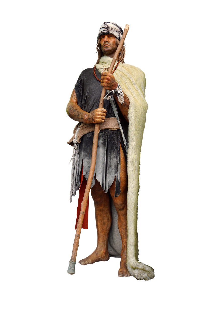 a fulllength studio shot presents a figurine of an indigenous warrior figure set against a stark black background. the warrior stands tall, clutching a wooden staff with both hands. he is dressed in a weathered black shirt and a tattered loincloth. a thick, creamcolored fur cloak drapes over one shoulder, reaching down to the ground. his feet are bare, and he wears a headband on his head. a string of beads adorns his neck. a weapon is secured to his belt. the pose and attire evoke a sense of traditional tribal dress and battle readiness.