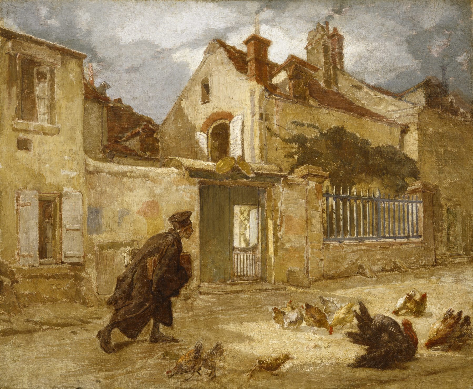 this is a painting depicting a village scene. a man in a dark robe and cap is walking on a street in front of a building. there are several chickens and a turkey in the courtyard. buildings are on either side of the street, with visible doorways, windows, and a fence. the sky is cloudy. the artwork style is painterly and impressionistic.