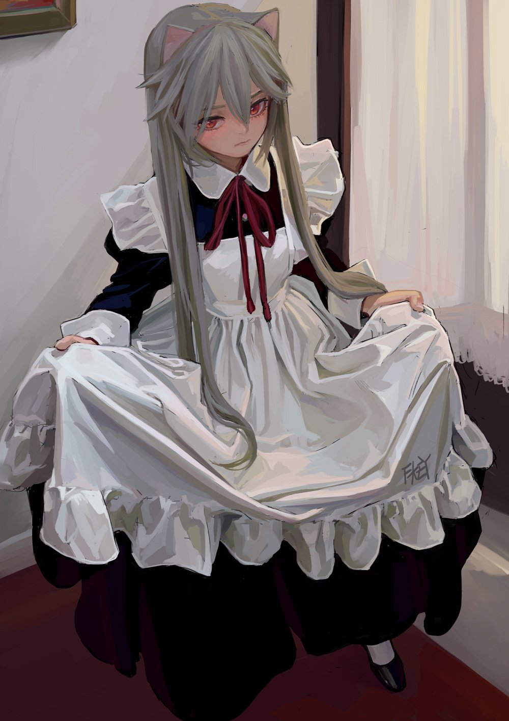 an anime catgirl with grey hair and red eyes is sitting down, wearing a white maid outfit with a ruffled dress. she is positioned in a room with a painted picture frame hanging on the white walls, with a wooden door behind her.
