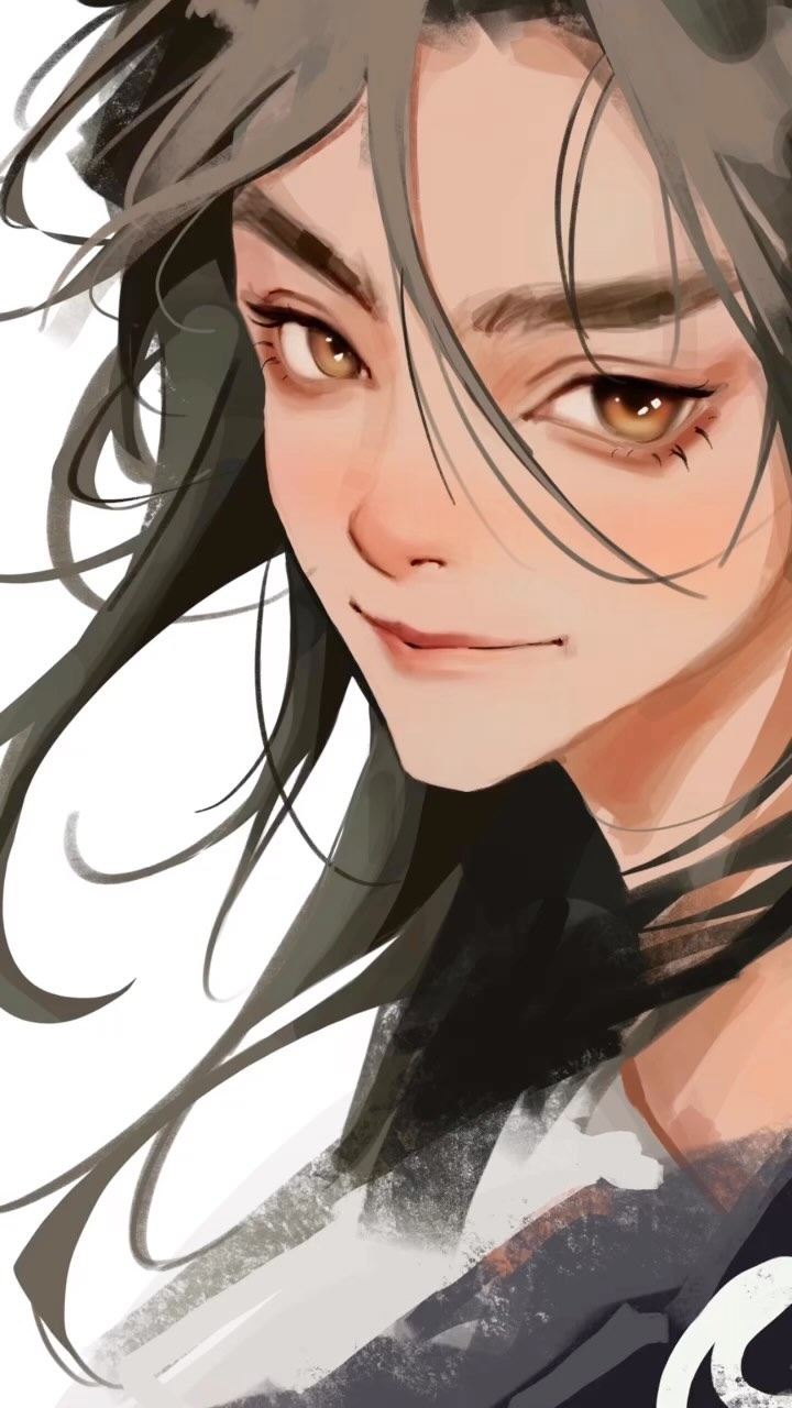 the image is a digital painting or illustration in a loose, painterly style reminiscent of watercolor. it depicts a young woman with long, dark brown hair that flows around her face and shoulders. her eyes are large and expressive, with a warm brown color, and she has a subtle smirk or smile.  her features are stylized, giving her a slightly ethereal appearance. she seems to be wearing what looks like traditional asianinspired clothing, visible in dark tones at the bottom of the image. the overall tone is elegant, graceful and carries a sense of mystery. the artist's style focuses on broad strokes and expressive linework, creating a textured and dynamic image.