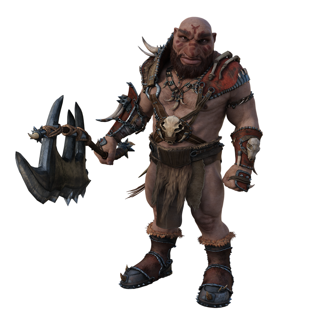 the image depicts a muscular orc warrior standing against a black background. the orc is bald with a thick brown beard and has a red, crossshaped mark on his forehead. he is wearing primitive leather armor adorned with skulls and horns. he carries a large, jagged axe in his left hand. his attire includes a fur loincloth, leather straps, and spiked sandals. the overall impression is of a fierce and barbaric warrior.
