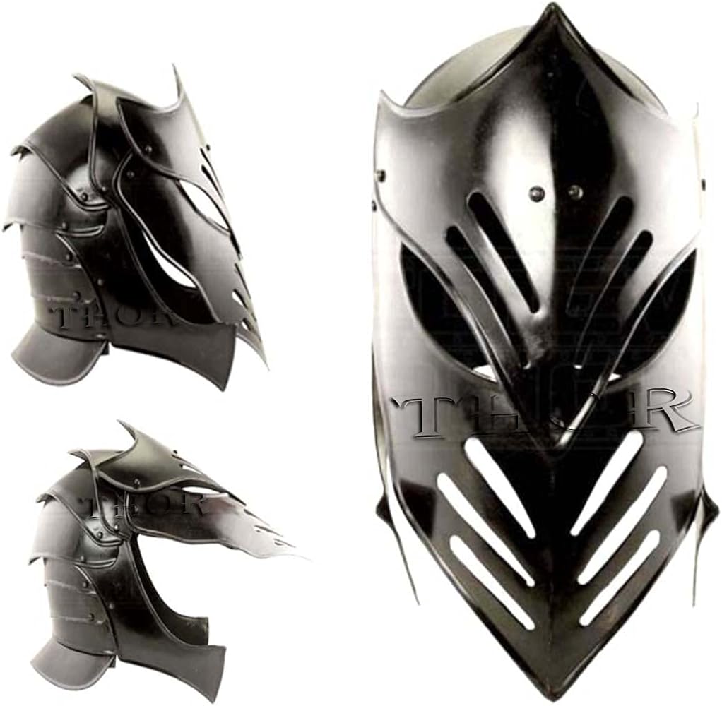 the image showcases a medieval knight's helmet, crafted from polished black metal. it features a distinctive design with pointed accents and narrow eye slits. the helmet is presented in multiple views: a front view, a threequarter view from the left, and a side view. the background is a plain white, highlighting the helmet's intricate details. content: helmet, knight, medievalpeople: knightenvironment: studiolighting: artificial lightperspective: eyelevel, multiple viewskw: medieval helmet, knight helmet, armor, steel helmet, historical, protective gear, costume, warrior, battle, cosplay