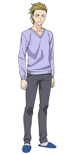 this is an anime character, a boy with blonde hair and blue eyes, wearing a purple sweater, gray pants, and blue slippers. he is standing and smiling while looking at the camera.