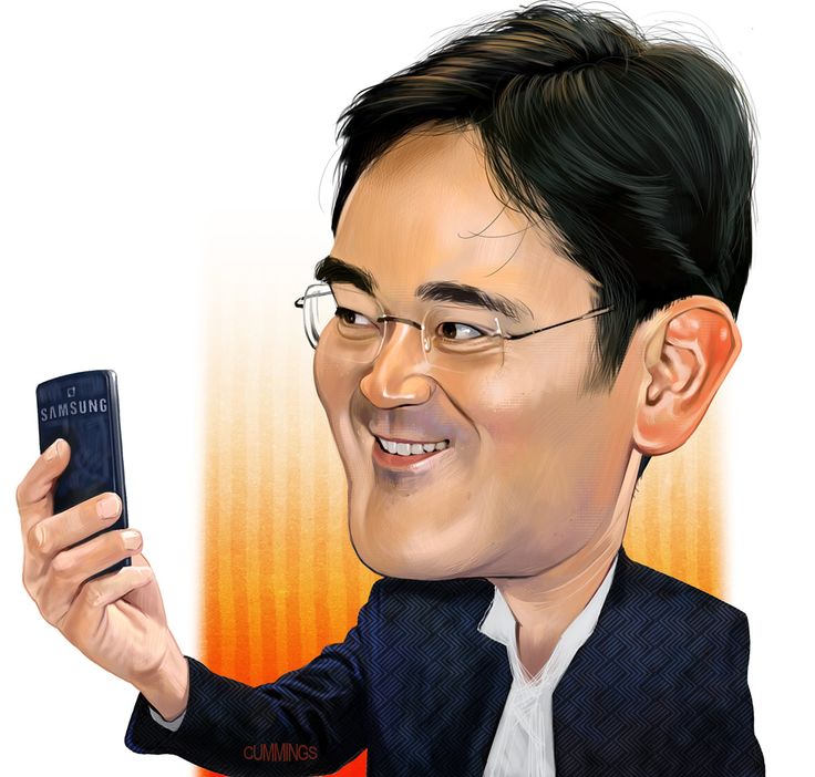this is a cartoon caricature of a man, presumably asian, wearing glasses and holding a samsung phone. he is smiling and wearing a suit jacket over a white shirt. the caricature style emphasizes certain features, and the image appears to be signed "cummings" at the bottom.