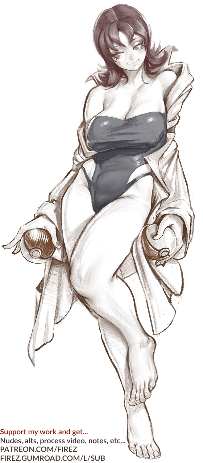 the image is a digital drawing or sketch of a female character in an anime or manga style. she's depicted from the knees up, standing in a slightly seductive pose. she's wearing a darkcolored, strapless swimsuit and a loose, open robe or coat.  the character has long brown hair, and her expression is somewhat coy. she's holding what appears to be two pokeballs in her hands. the art style is characterized by soft lines and shading, giving it a somewhat ethereal quality. the bottom of the image contains text promoting the artist's patreon and gumroad pages, suggesting this is promotional art.