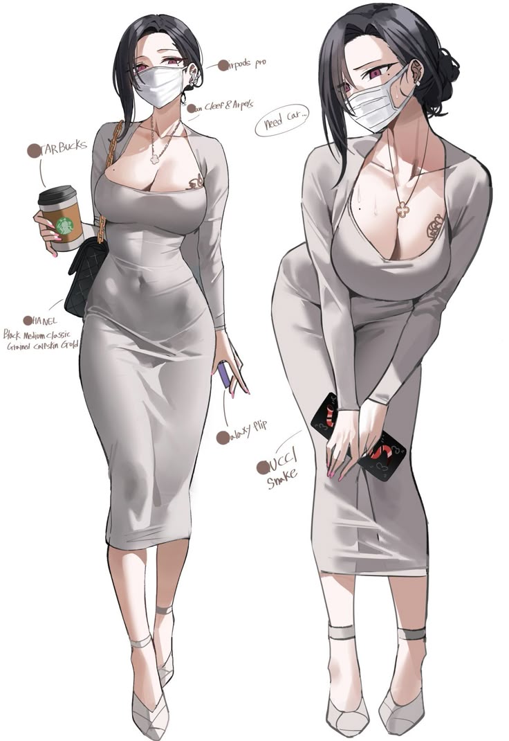 the image features two animestyle depictions of the same woman in a gray dress and mask. she is labeled with possessing highend items and needing a car. she has a starbucks drink and a black chanel bag. she is wearing jewelry, an apple airpod pro, and holding a galaxy flip phone. she has a tattoo on her chest.