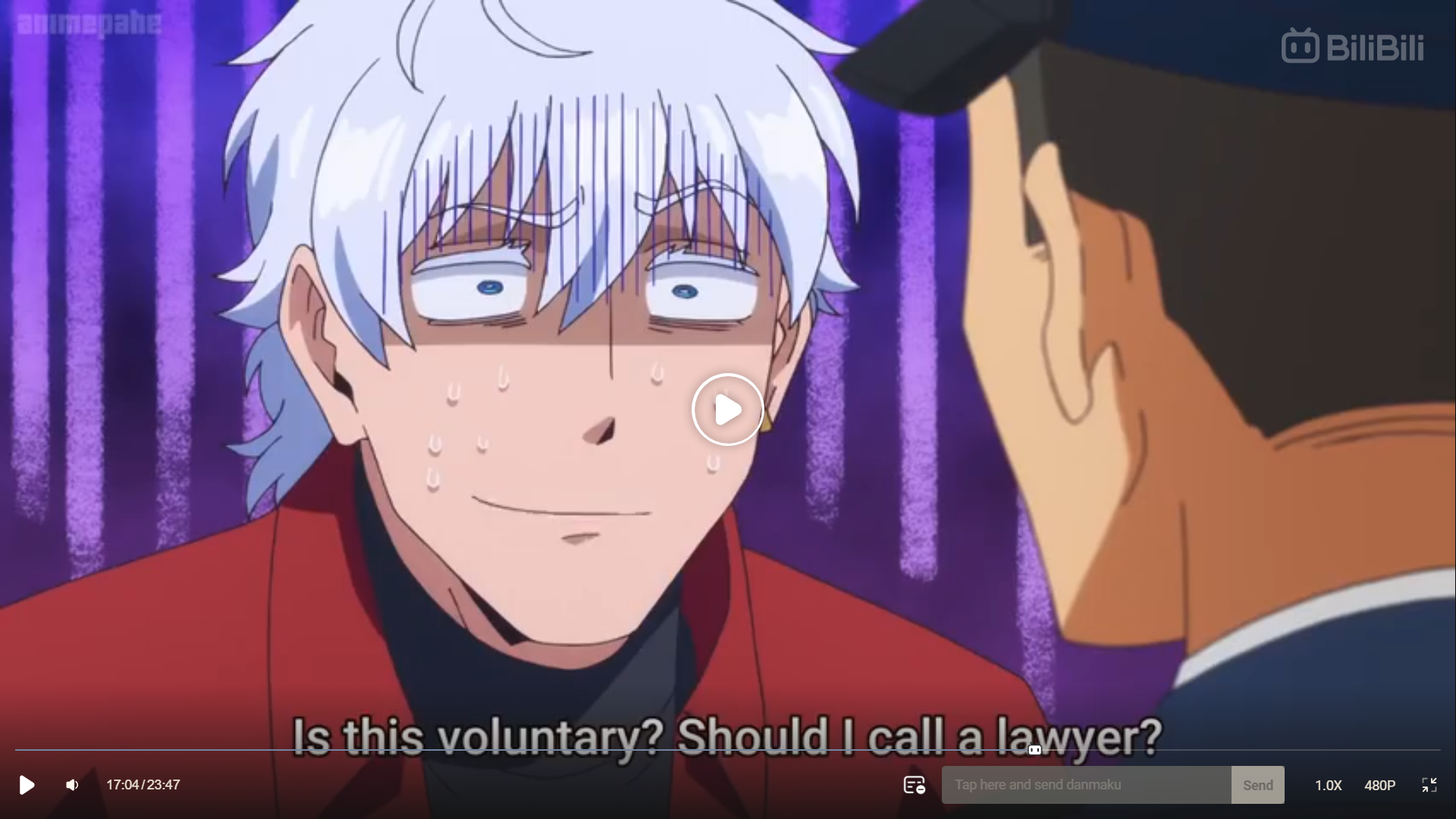 a screenshot from what appears to be an anime, the frame is focused on a man with white hair and a red suit. he is sweating, and his expression and the caption indicate he is nervous and uncomfortable about a situation involving the police. ```