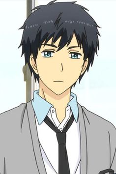 an anime boy with dark blue hair and teal eyes is portrayed in a portrait style against a simple, light background. he wears a grey cardigan over a white shirt and black tie, suggesting a school uniform. the lighting is soft, highlighting his youthful features and giving him a gentle appearance. his expression is neutral, with a hint of seriousness.