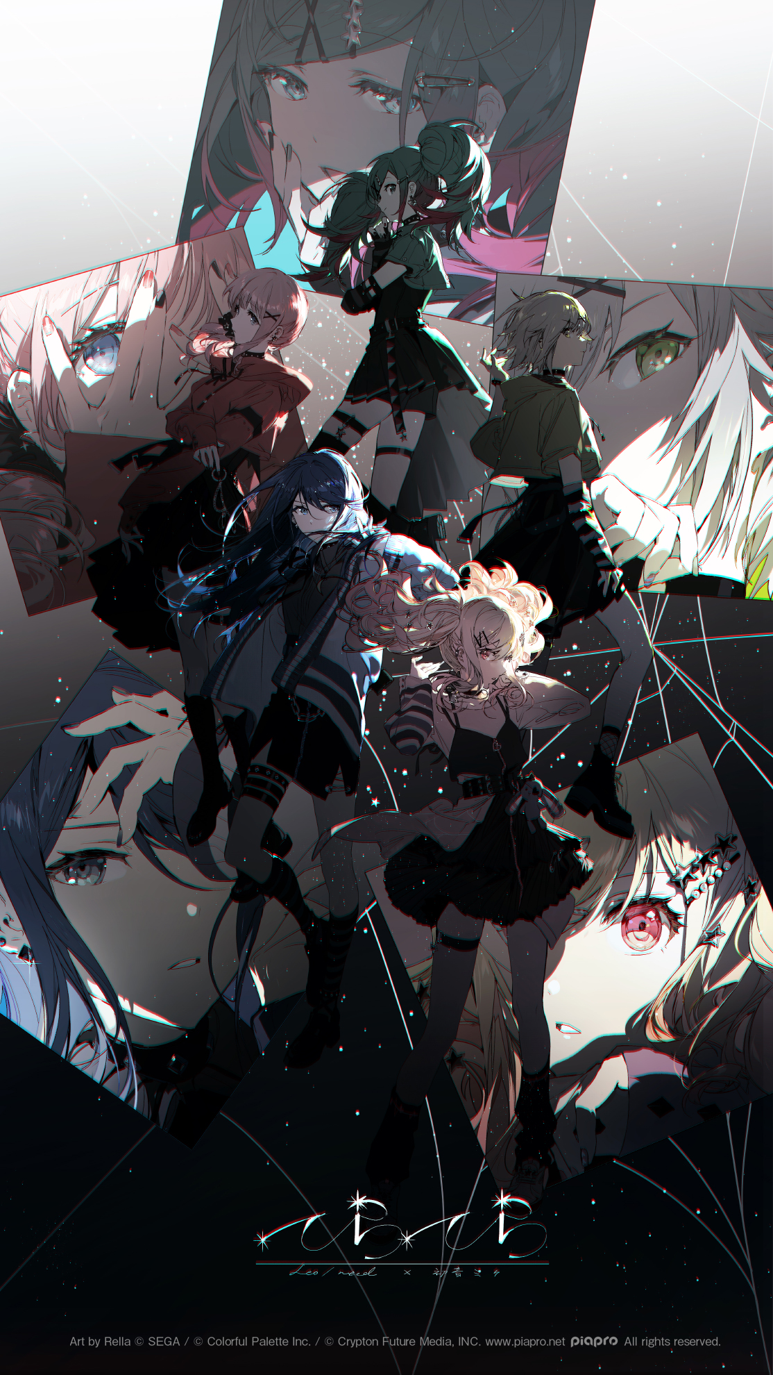 the image is a digital illustration featuring multiple animestyle female characters. they are depicted in a fragmented, geometric style, as if behind shattered glass. the characters have different hair colors: green, blue, blonde, pink, and yellow. they are dressed in dark, modern clothing and shown in fullbody shots, standing against a dark, almost black background. the title "αβωβ" is at the bottom, along with copyright information for sega, colorful palette inc., and crypton future media inc. the overall style is artistic and modern.