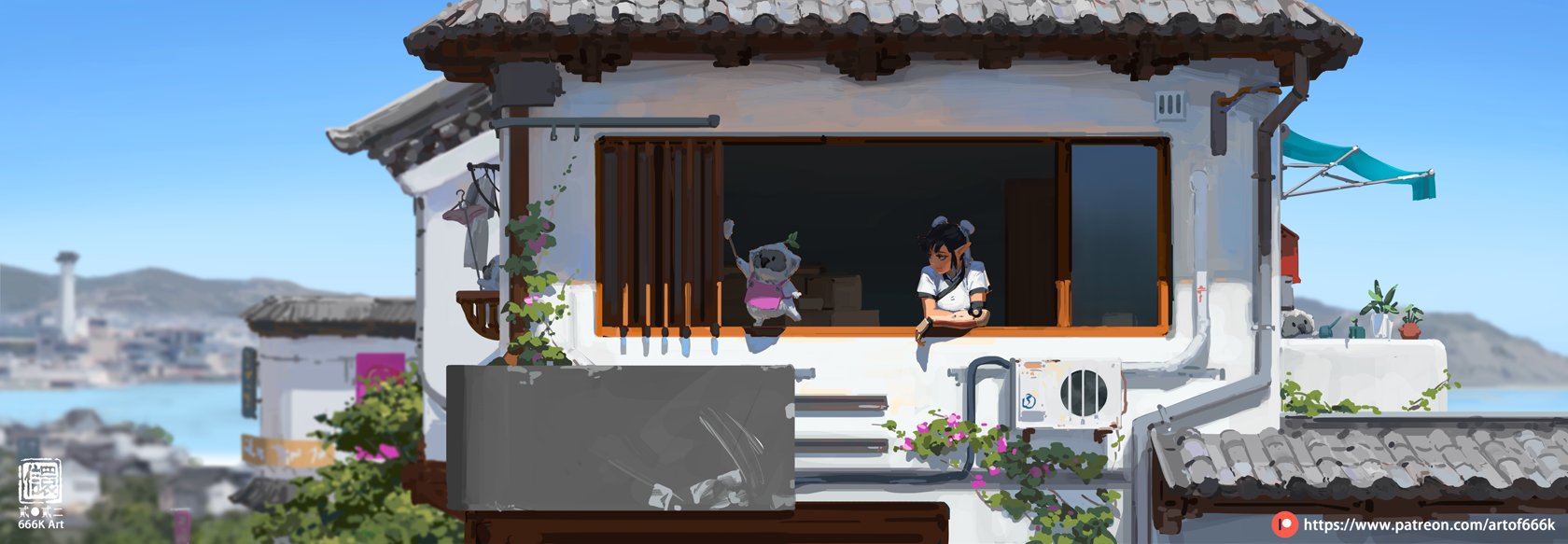a digital painting depicts a young woman and a koalalike creature looking out a window of a traditional asianstyle building. the building has white walls, a brown roof, and an open balcony with plants. the ocean and distant cityscape are visible in the background. the scene is peaceful and serene. the art style is reminiscent of anime or manga.