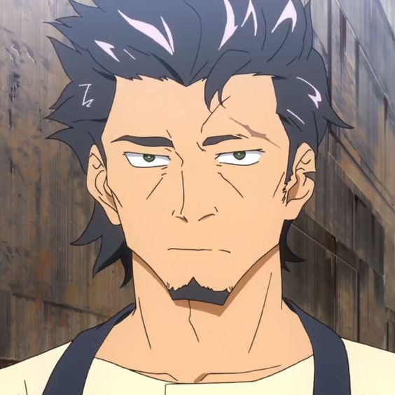 a close up portrait of an adult male anime character with short black hair and a goatee.  he appears to have a scar above his right eye. he has green eyes and tan skin.  the background is blurred.