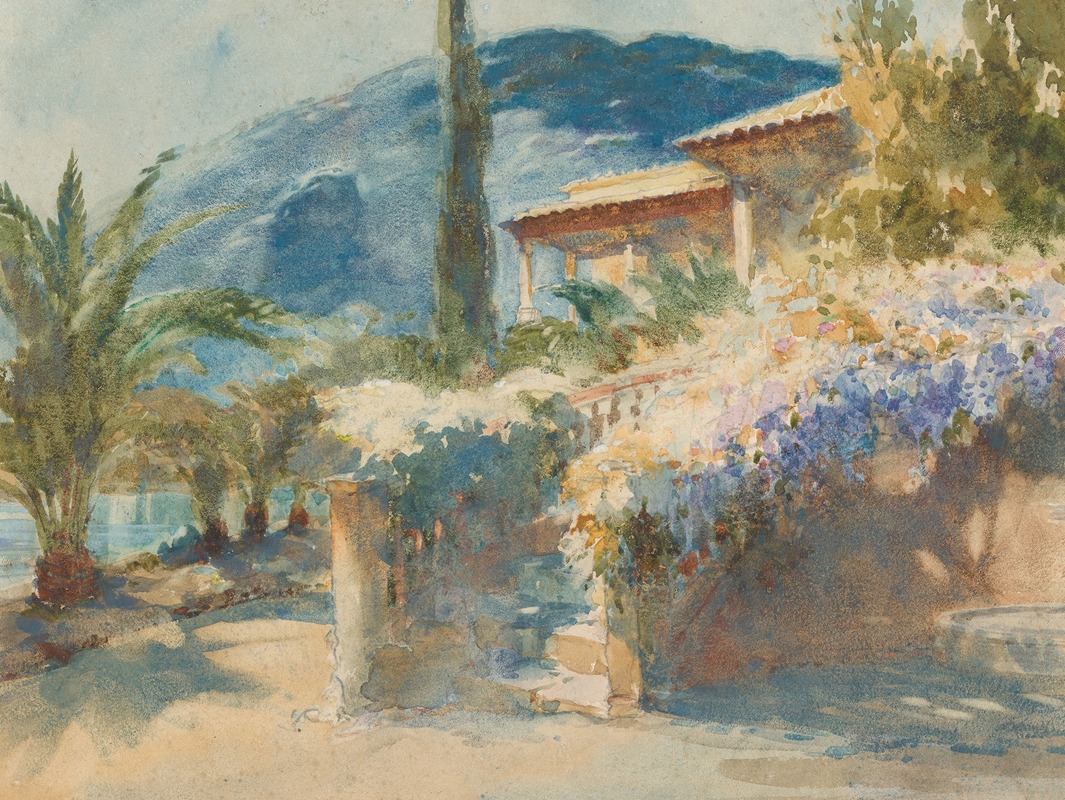 the image is a watercolor painting of a villa or house set in a lush garden by the sea, with a mountain in the background. the architecture of the building is visible with a tiled roof, columns, and a balcony or veranda. palm trees are prominent along the shoreline, and the garden is filled with flowers, especially wisteria cascading over a wall or railing. a path leads through the garden. the use of light and shadows creates an impressionistic effect.
