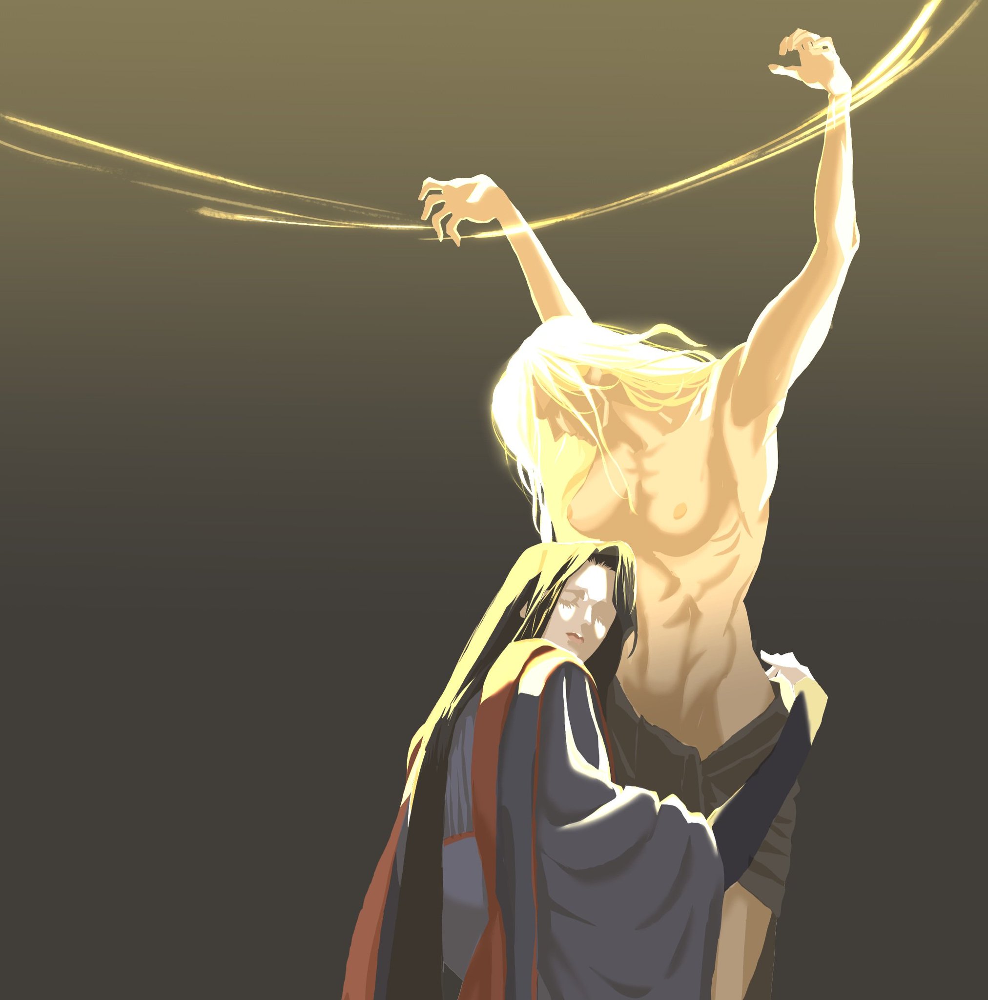 an illustration depicts a woman in a dark robe embracing a blondehaired man with raised arms bound by glowing strings. the background is a dark, muted color, contrasting with the figures.