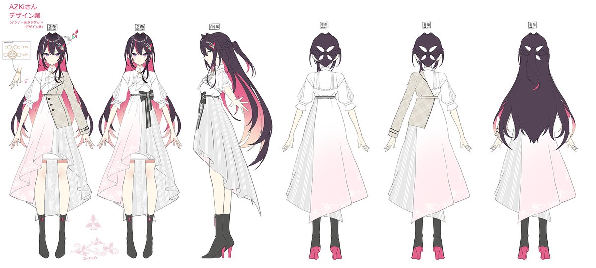 a series of six drawings shows the front, back, and sides of a female character design. the character has long black hair with pink gradients and is wearing a white and pink dress with detached sleeves and a jacket.
