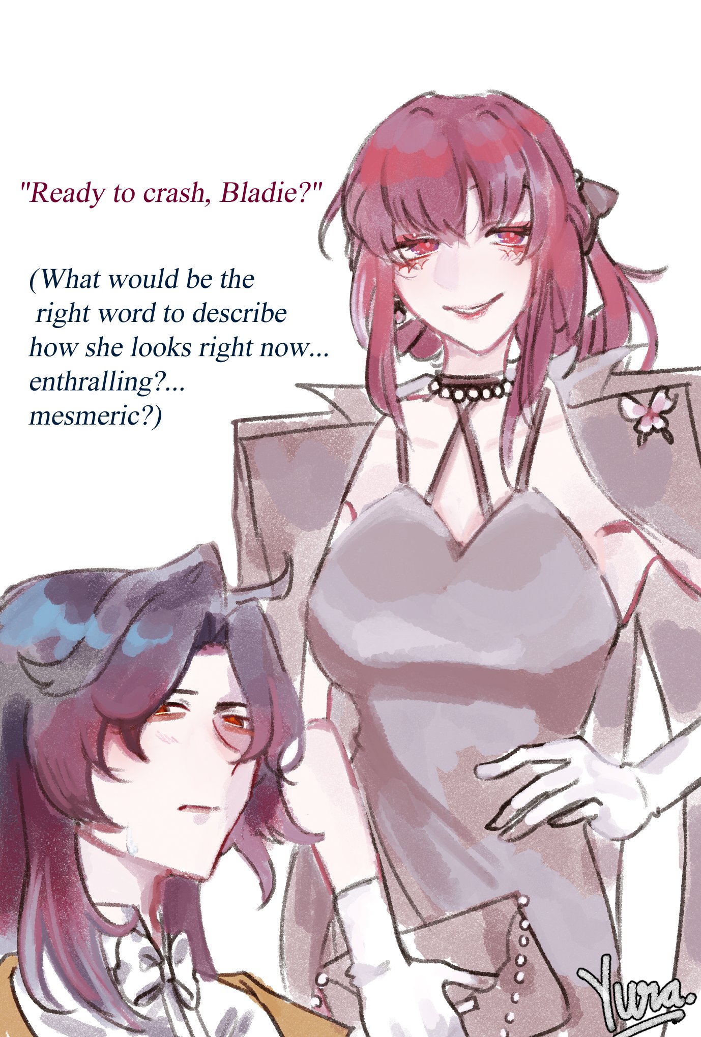 the image shows two anime girls. one girl with red hair and wearing a black dress and white gloves is looking at the other girl, who has purple hair and is looking down at the ground. the red haired girl is wearing a serious expression. the text bubble above the girl's heads reads "ready to crash, bladie?"