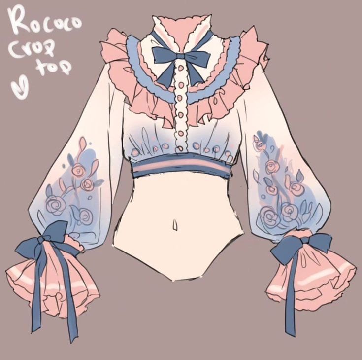a digital sketch showcasing the design of a "rococo crop top". the top features delicate pastel pink, blue, and white colors. it boasts intricate details such as ruffles, lace trim, a bow at the collar, and floral embroidery on the sheer sleeves. the sleeves are puffy with ribbon ties at the wrists and elbows.  the design presents a romantic and feminine aesthetic inspired by historical rococo fashion.