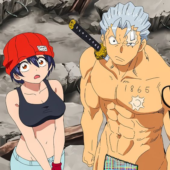 the image showcases two anime characters, a young woman and a muscular man, caught in a moment of surprise amidst a rubblestrewn environment. the woman, sporting a red beanie and a black sports bra, gazes at something offscreen with wide, startled eyes. beside her stands a towering, barechested man with spiky silver hair and a stern expression. he carries a katana strapped across his back and bears a tattoo on his left chest. the background depicts a scene of destruction with scattered rocks and debris. the lighting is bright, casting distinct shadows and highlighting the characters' expressions.