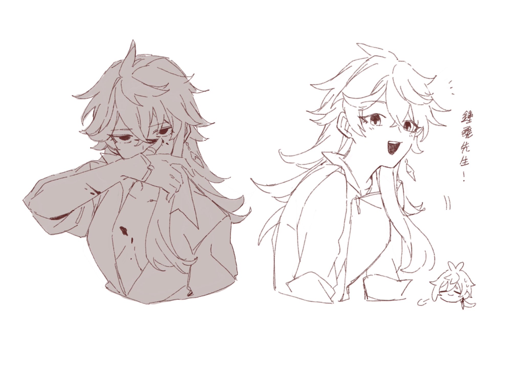 he image contains two drawings of a female animestyle character with long blonde hair. the drawing on the left depicts the character looking distressed, with blood stains on her clothes and hands covering her face. the drawing on the right shows the same character but with a happy expression, smiling widely. a small chibistyle drawing of the character is also present in the bottom right corner. the drawings are done in a rough sketch style with thin, reddishbrown lines.  text in chinese is visible near the happy character. the style suggests a beforeandafter scenario, perhaps showing a character's emotional transformation.