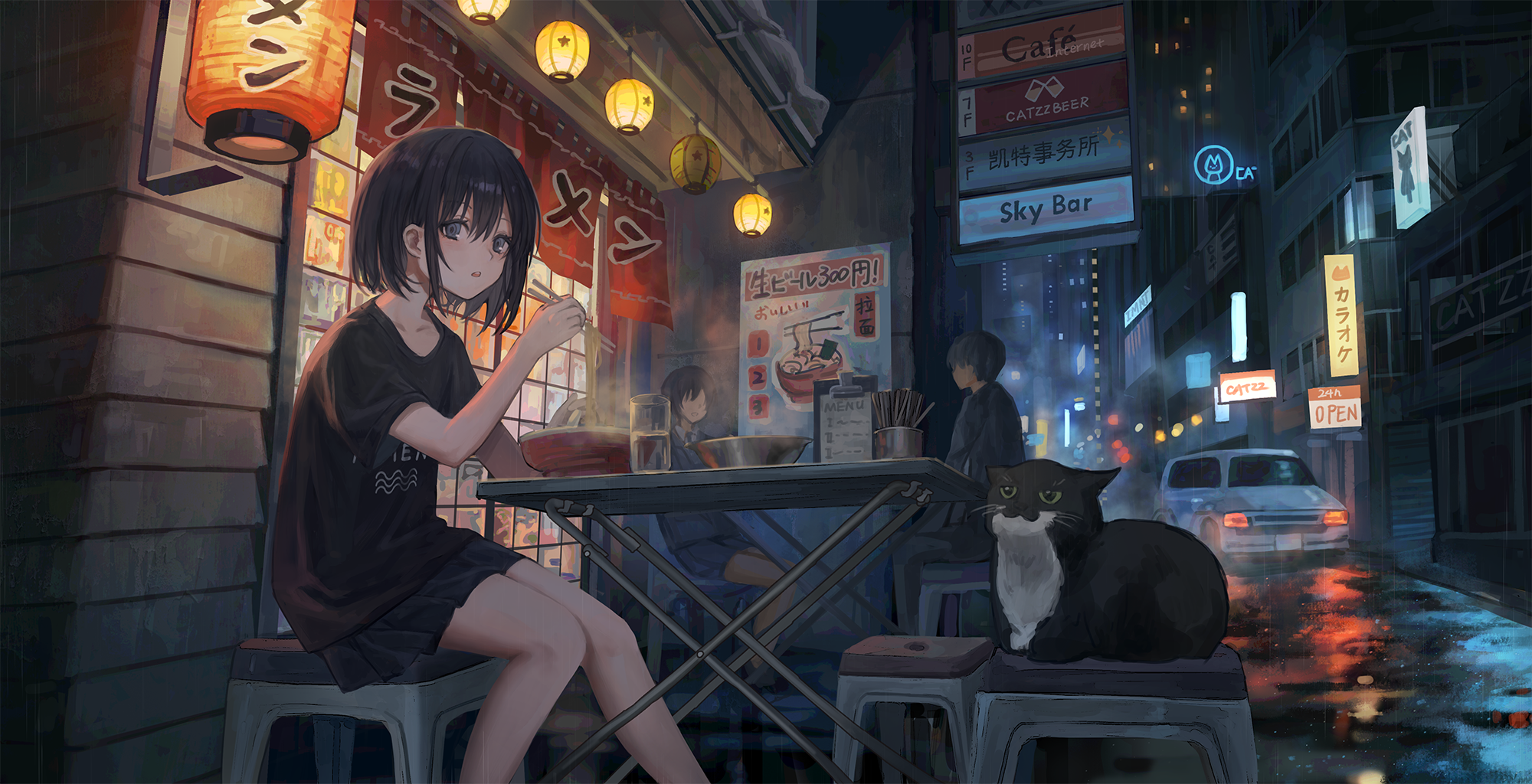 he image is a digital painting or illustration depicting an animestyle girl with short black hair sitting at a small table outside a ramen shop in a rainslicked japanese city alleyway at night. she is eating ramen, and a black and white cat sits on a nearby chair. the scene is atmospheric, with neon signs and streetlights illuminating the wet pavement and reflecting in the puddles. the background shows a typical japanese urban setting with various signage and buildings. the overall style is melancholic and slightly moody, with a focus on atmosphere and detail.