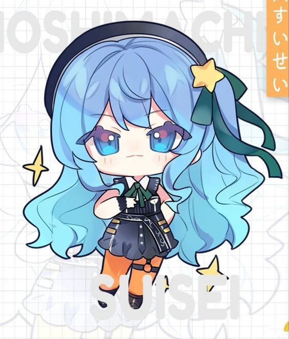 the image is a digital drawing in an anime chibi style. it features a female character with bright blue hair, styled with a black beret and a green ribbon. she is wearing a black and orange outfit with gold accents, including a black dress, orange shorts, and black boots. she has large, expressive blue eyes and a confident posture. the background is a simple grid pattern.  the character's name "yoshichi susei" is written in stylized japanese and english text surrounding her.