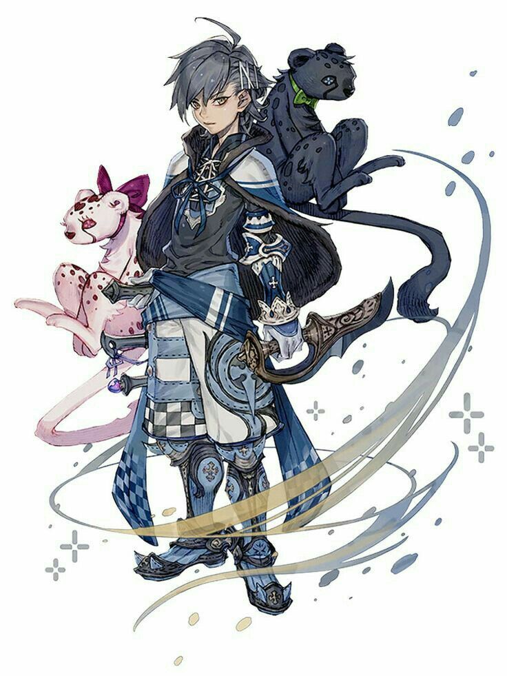 the image showcases a young man, likely a character concept for a fantasy rpg video game. he is adorned in detailed, blue and white attire suggestive of a royal or noble background.  he carries a unique curved sword and is flanked by two stylized pantherlike creatures, one black and one pink, hinting at a magical connection. the art style is whimsical and detailed, emphasizing the fantastical nature of the character and his world. the white background keeps the focus solely on the character and his companions.