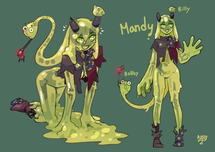 his is a digital drawing of a cute, whimsical slime girl character named mandy.  she has a long, green, slime body with a humanoid shape. she wears a darkcolored jacket and a scarf with stars. on her head, she has small, cute slime creatures named billy and bobby.  one slime is attached to her head, and the other is a small, snakelike slime that's holding a small red object.  the drawing is in a vibrant style, with a focus on expressive features and lively colors.  the background is a muted green. there's a second, more upright image of mandy shown to the right of the main illustration.