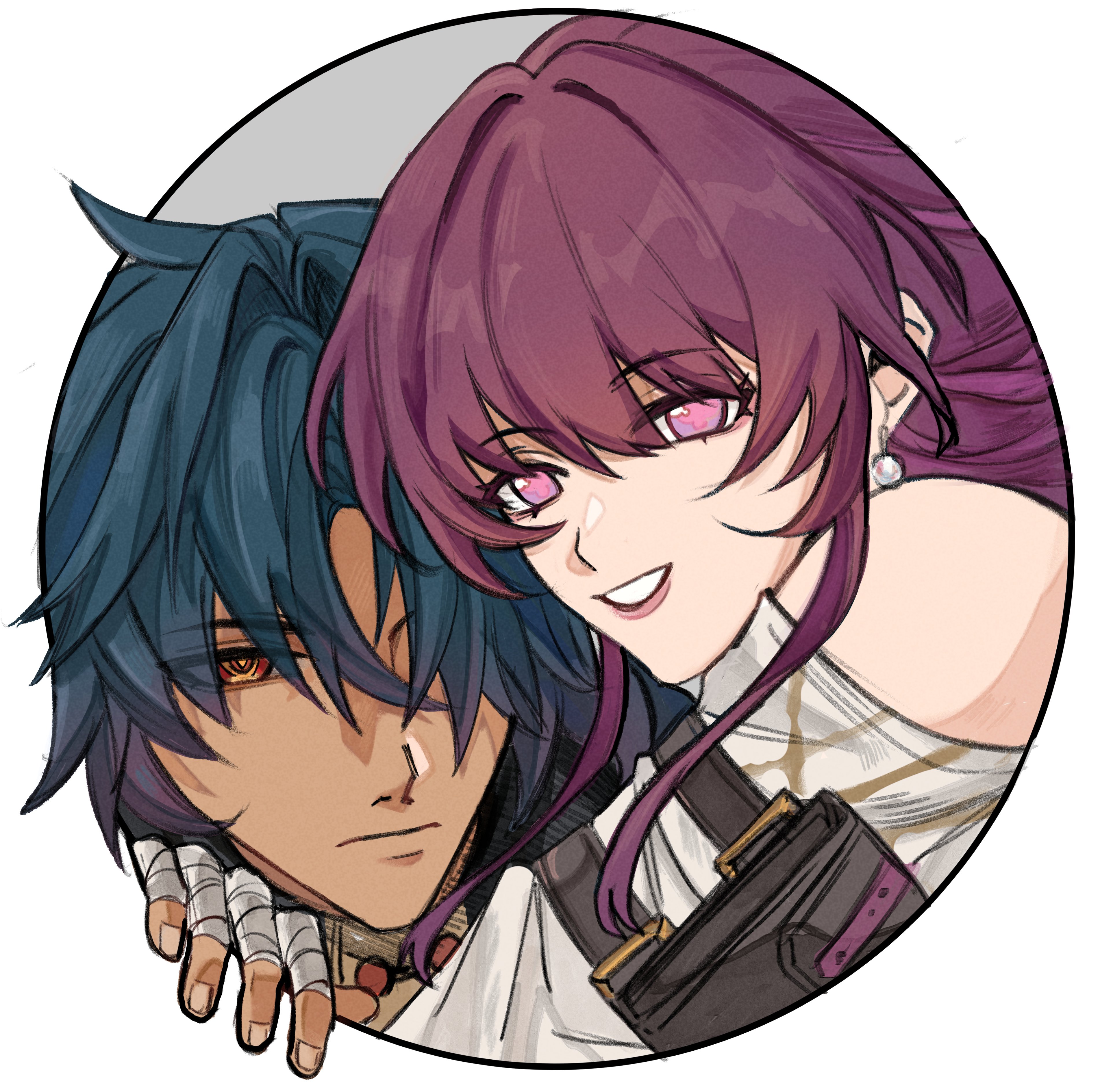this is a digital illustration of an anime couple hugging. the male character is wearing a brown leather outfit with a sword on his back. he has dark blue hair and eyes. the female character is wearing a white dress with a brown leather belt. she has purple hair and pink eyes. their faces are close together, and they both have smiles on their faces. they are surrounded by a white circle, and the background is a light gray. the image is in a cute and adorable style.