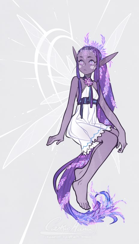 a fullbody illustration of a fairylike figure with purple skin, pointed ears, and long, purple hair adorned with leaf patterns. she wears a white dress with blue accents and a floral embellishment at the neckline. the figure has wings behind her and stands barefoot on a swirling pattern of leaves. the background is a light gray with faint white lines and shapes.