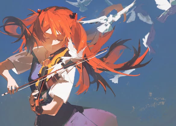 the image is a digital painting or illustration of an anime girl with vibrant orange hair playing a violin. her hair is flowing dramatically in the wind, and she is surrounded by white birds in flight against a blue sky. the overall style is artistic and expressive, conveying a sense of peace and serenity.  the colors are vivid and the brushstrokes are loose and expressive. the scene is dreamlike and evocative.